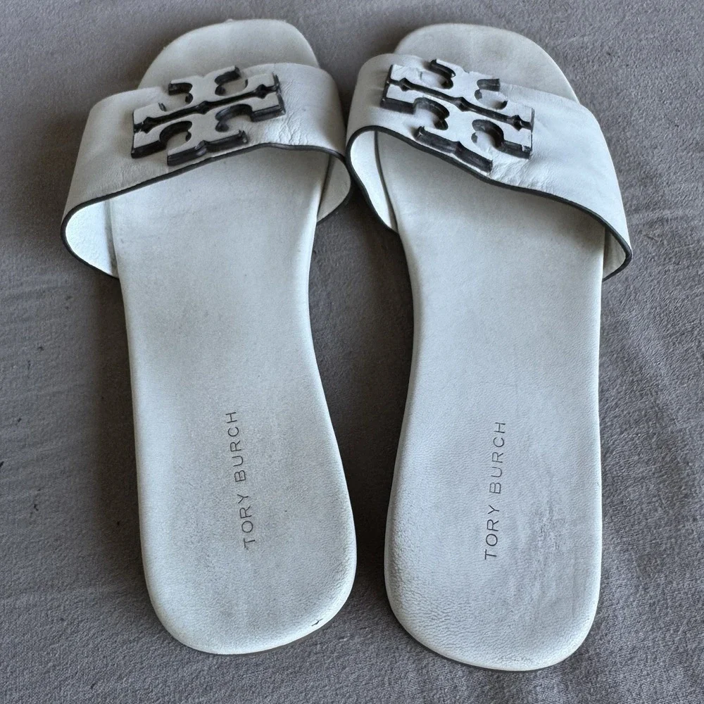 Size 7.5 - Tory Burch Women's Logo Slide Sandals White Synthetic Upper Slip-On